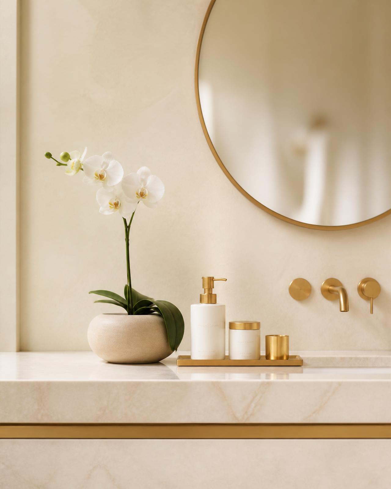 Luxury spa interior detail with orchid, marble and brass fixtures